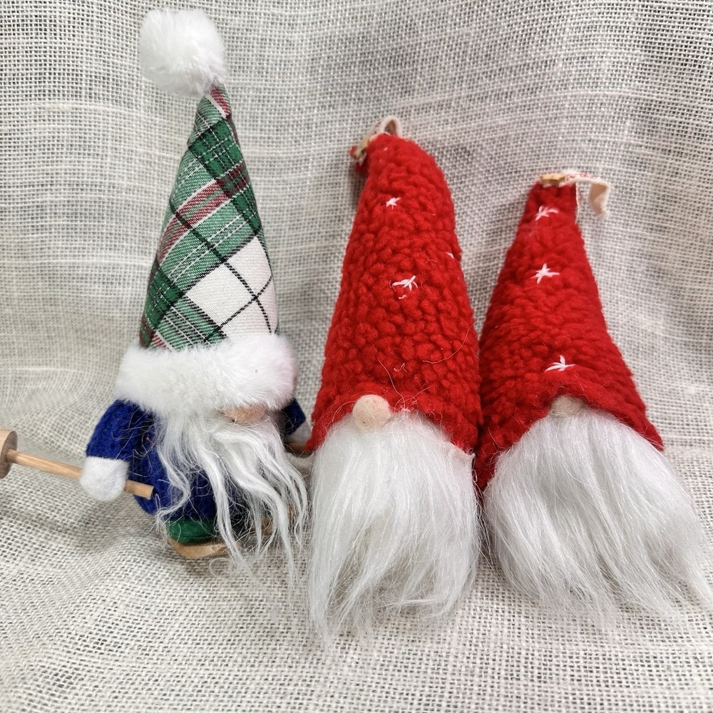 Christmas Gnome Ornaments Lot Nordic Plush Red Hat & Wood Skier Gnome Decor